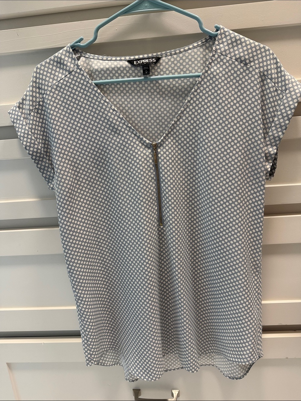 Express Light Blue and White Polka Dot Zip V-Neck Blouse